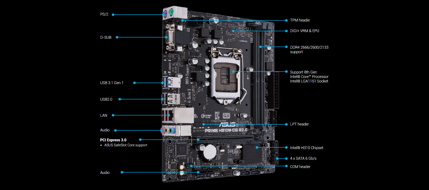 Mainboard ASUS H310M PRIME H310M-CS R2.0 (Intel H310 , Socket 1151, m-ATX, 2 khe RAM DDR4)