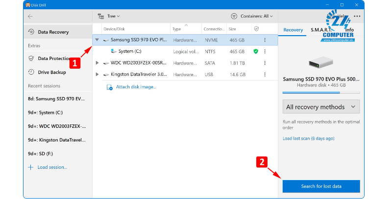  Chọn ổ SSD của bạn và nhấp vào Tìm kiếm dữ liệu bị mất