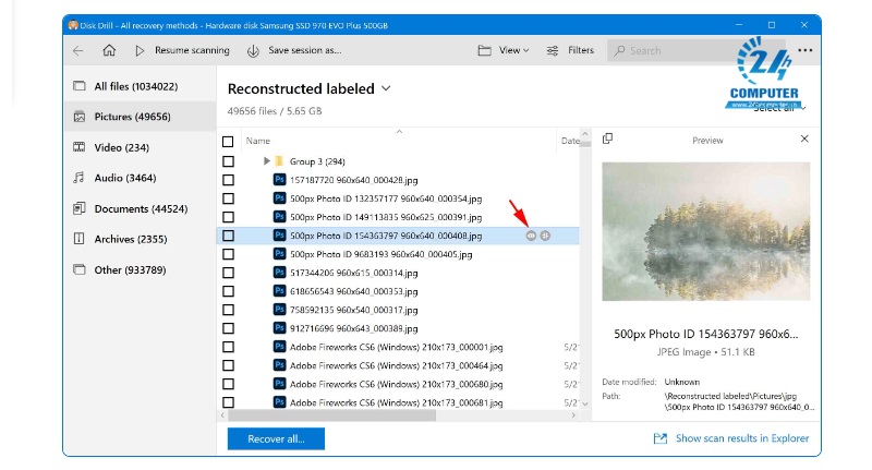Xem trước các tệp có thể phục hồi