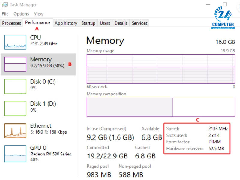 Sử dụng Task Manager để kiểm tra số khe cắm RAM