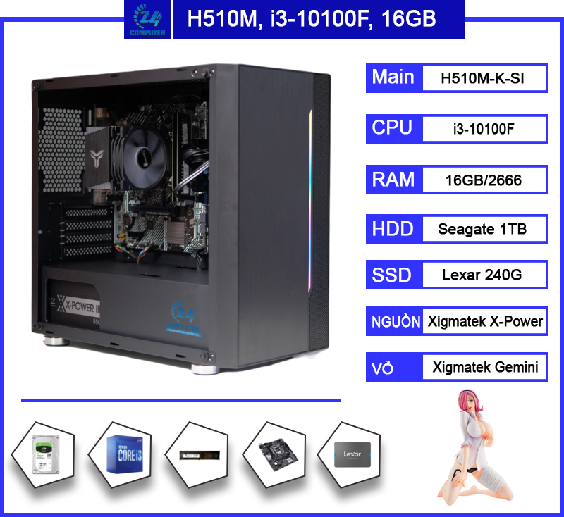 Bộ PC chơi game H510M, Core i3-10100F - 16GB DDR4 - SSD 240G