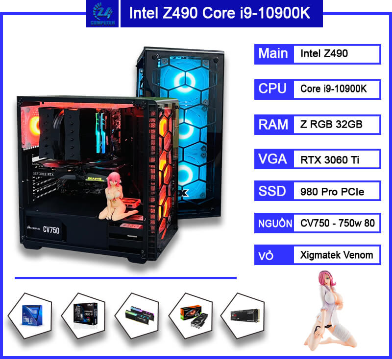 Bộ PC CPU Intel Core i9-10900K, ASUS Z490-P, Ram 32Gb, VGA RTX 3060 Ti