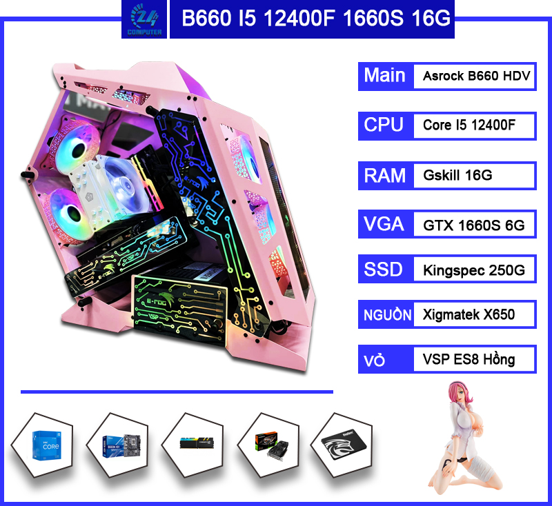Bộ PC game B660 HDV, I5 12400F, Ram 16G, VGA GTX 1660S 6G, SSD 250G, HDD 1TB, tản ID Cooling
