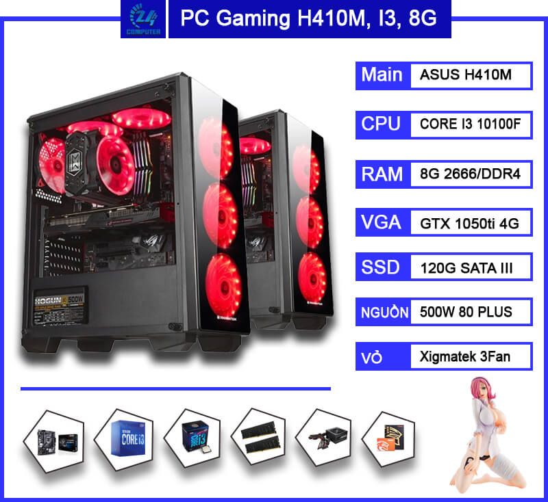Máy tính PC chơi game B560M, I3 10100F, Ram 8G, VGA 1050ti 4G
