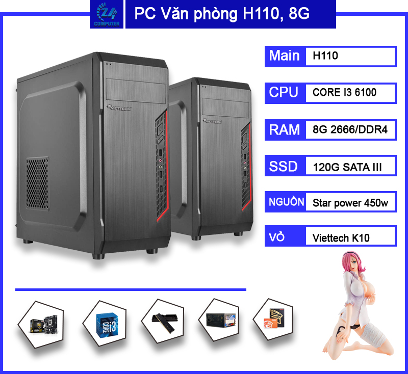 Máy tính PC văn phòng H110, Core I3 6100, Ram 8G
